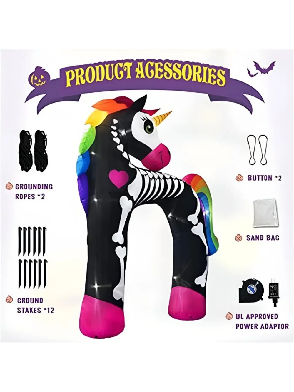 11FT Giant Halloween Inflatables Arch, Rainbow Skeleton Unicorn Decoration